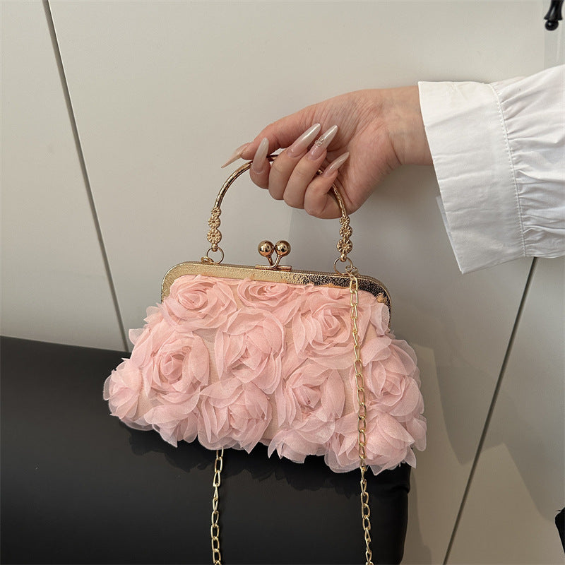 Chiffon Three-Dimensional Flower Dinner Bag Champagne Women's Handmade Dress Garment Bag Chain Decoration Handbag