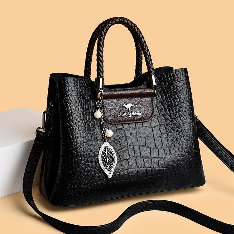 Women's Tote High-Grade Large Capacity Crocodile Pattern Leaf-Shaped Decorative Pendant Everyday Joker Crossbody Shoulder Bag