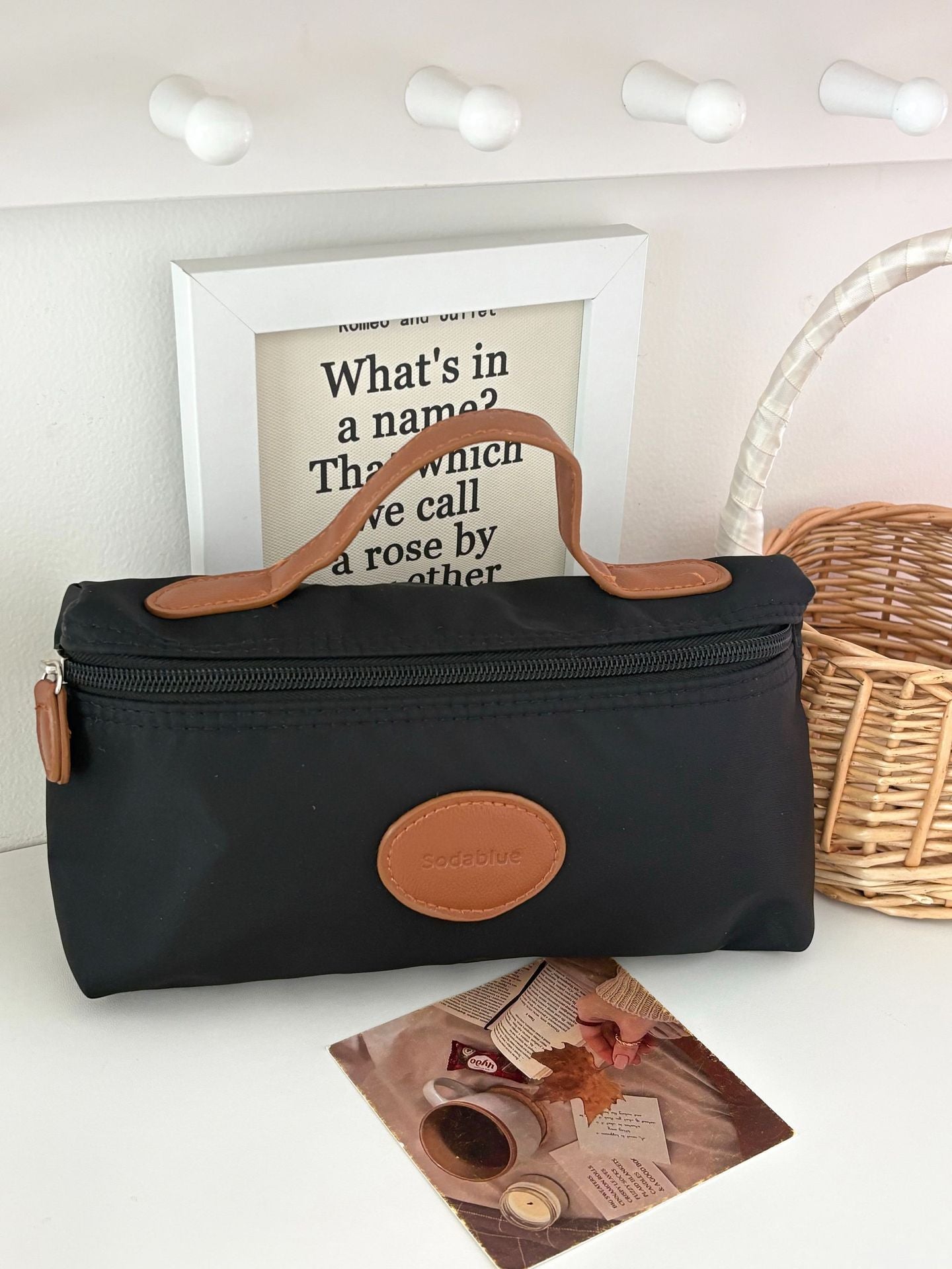 Elegant Nylon Cosmetic Bag with Leather Accent Handle, Lightweight & Portable for Daily Use