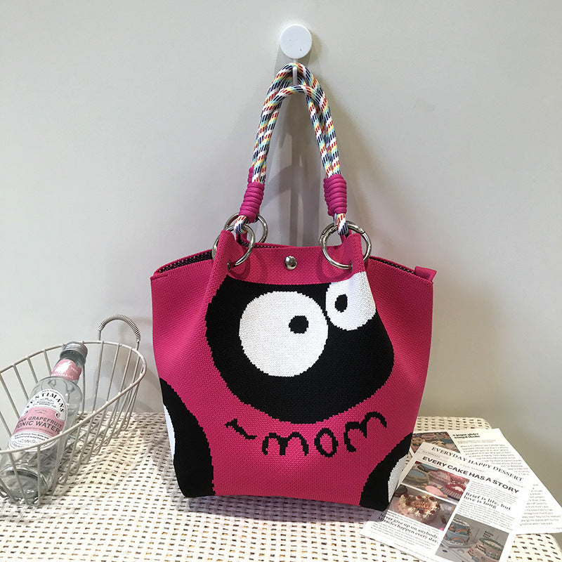 Black and White Rhombus Knitted Tote Bag Women's Casual Versatile Large Capacity Messenger Bag Handbag
