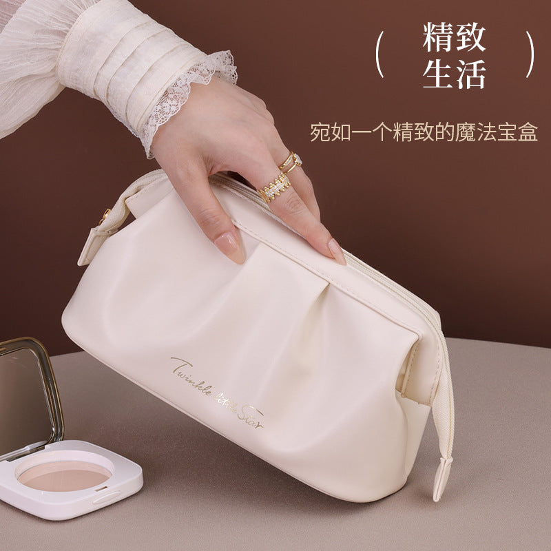 Elegant PU Waterproof Makeup Bag with Lettering Design, Large Capacity Travel Cosmetic Pouch for Women, Urban Minimalist Style