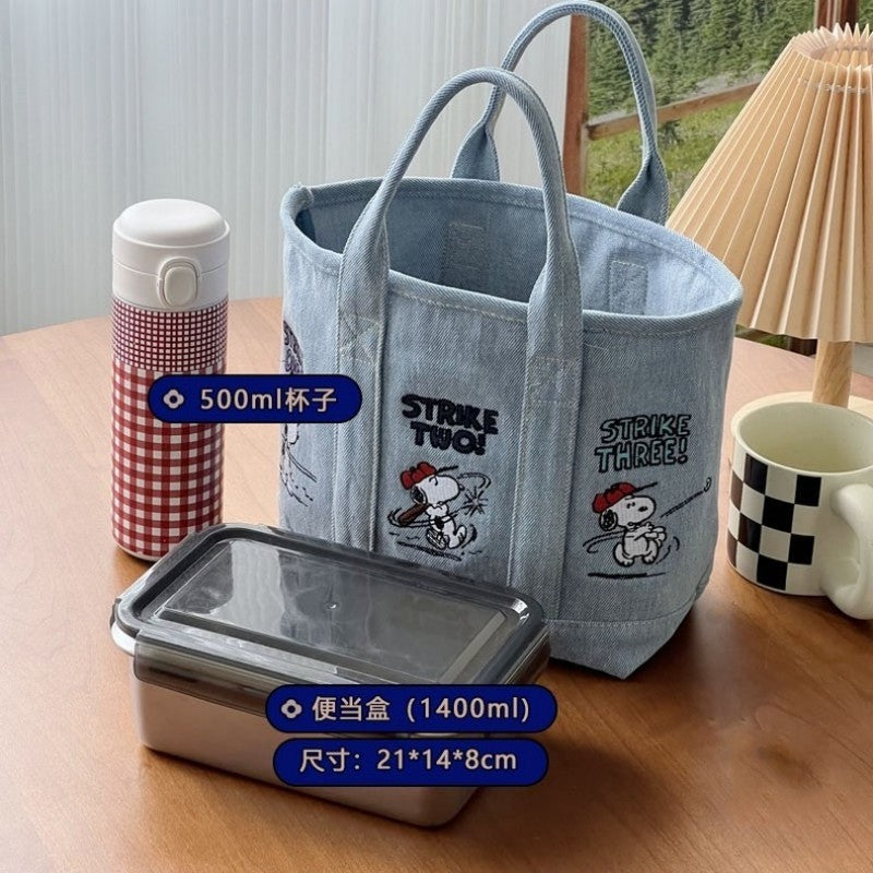 Snoopy Embroidered Denim Tote Bag with Magnetic Closure, Cartoon Design for Daily Use and Casual Outfits