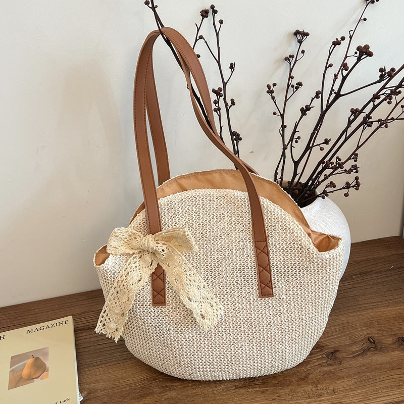 Straw Bag Women's Large Capacity New Summer Solid Color Simple Seaside Holiday Leisure Bag Shoulder Woven Bag