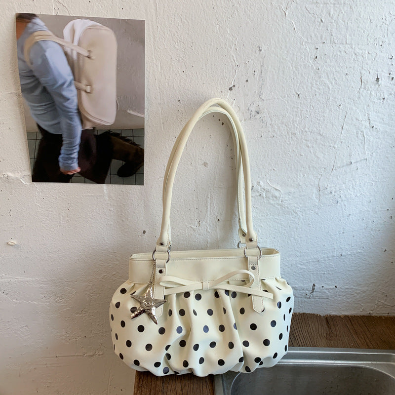 Korean Style Large Capacity Pleated Tote Bag with Polka Dot Print for Women, Casual Shoulder Bag for Daily Use