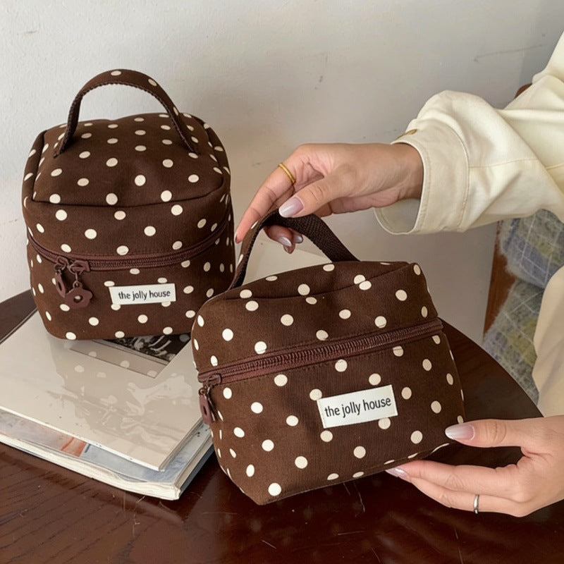 Vintage Polka Dot Cosmetic Bag with Zipper Closure - Portable Makeup Organizer for Women, Multi-functional and Washable