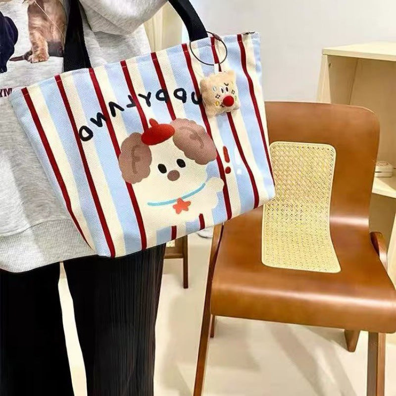 Women's Shoulder Bag Cute Puppy Printed Canvas Handbag Striped Design with Zipper Pocket Mobile Phone Bag