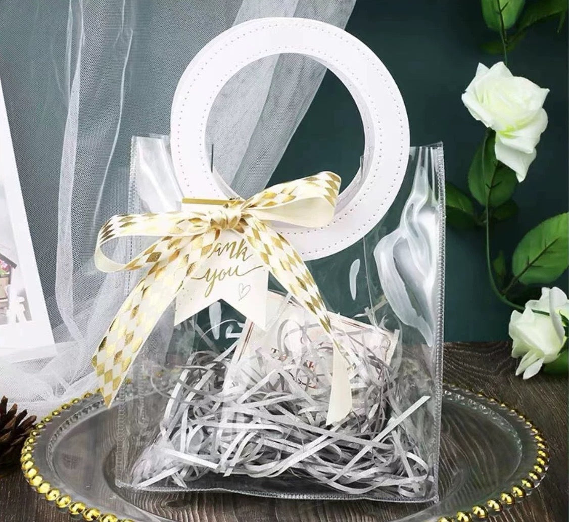 Chic Transparent PVC Tote Bag with Floral Print and Satin Handle for Gift Packaging and Everyday Use