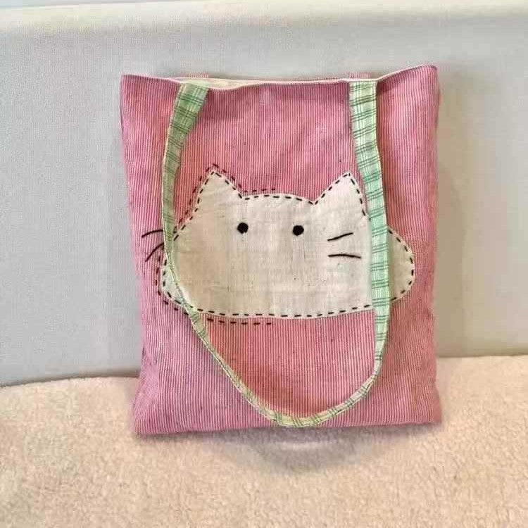 Cute Cartoon Cat Canvas Tote Bag for Women, Casual Daily Use with Simple Style and Soft Fabric