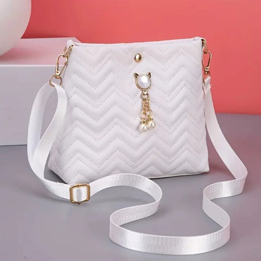 Chic Chevron Quilted Crossbody Bag with Cat Pearl Charm and Magnetic Closure for Daily Fashion