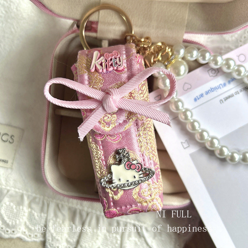 Korean Style New Retro Dots Cartoon Cat Lipstick Pack Pearl Exquisite High Sense Versatile Pendant Keychain for Women