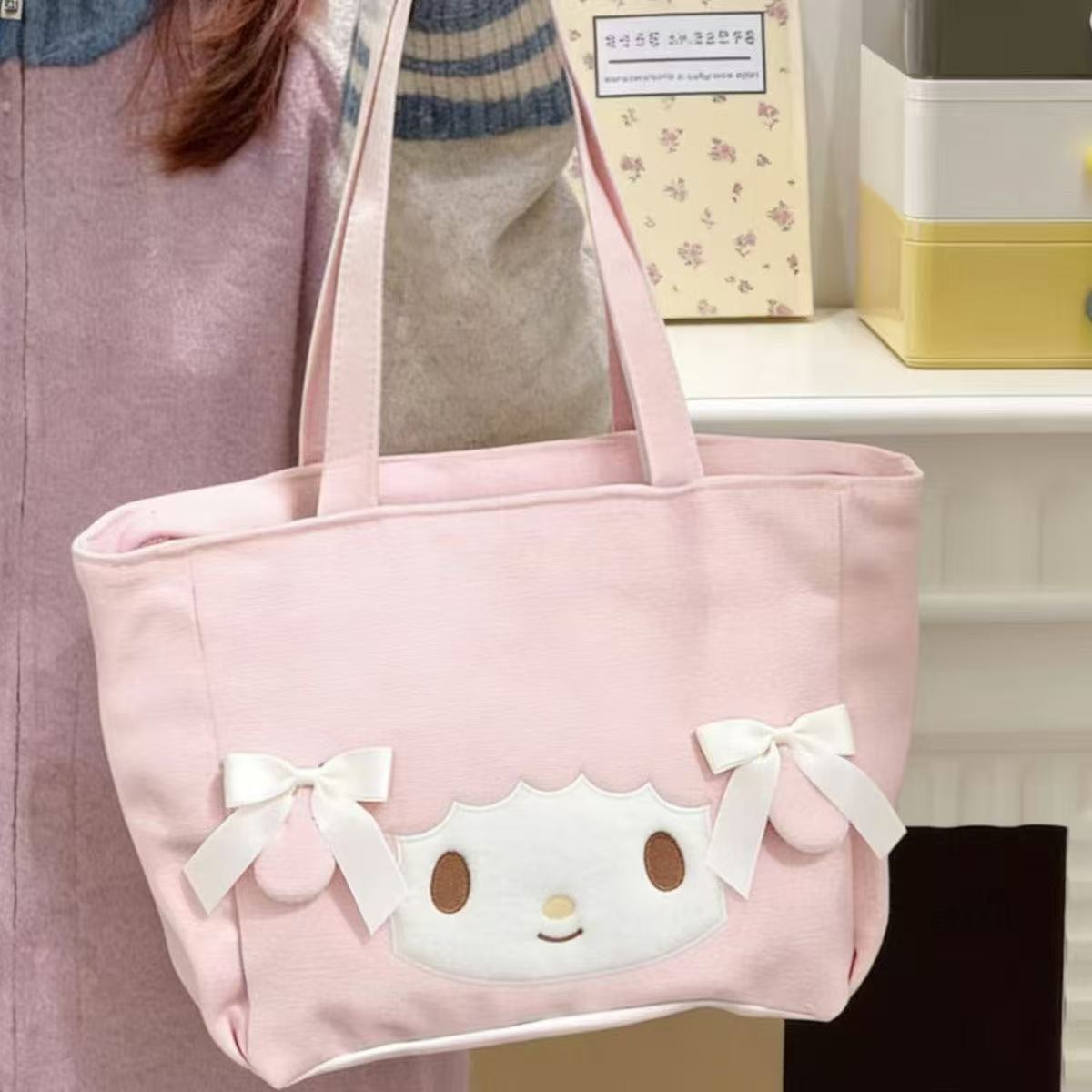 Cute Cartoon Tote Bag with Embroidered Design, Large Capacity Canvas Shoulder Bag for Daily Use
