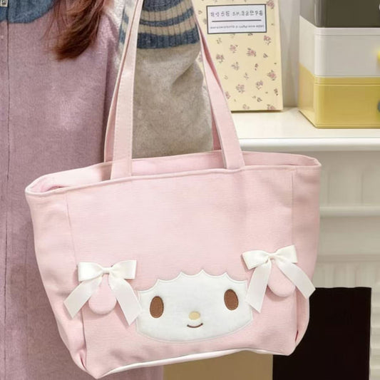Cute Cartoon Tote Bag with Embroidered Design, Large Capacity Canvas Shoulder Bag for Daily Use