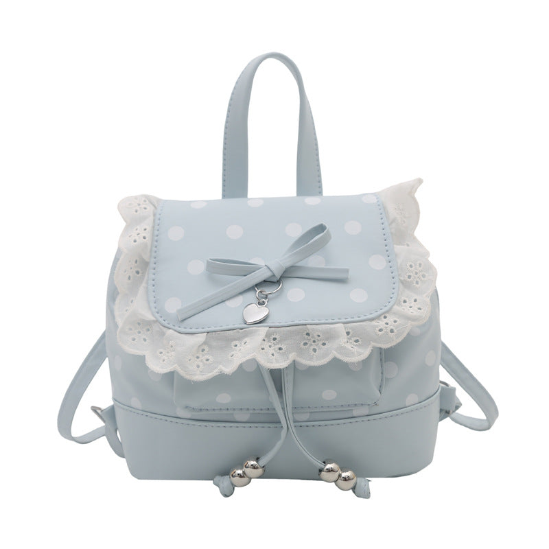 Cute Polka Dot Backpack with Lace Trim and Bow Detail for Girls and Students