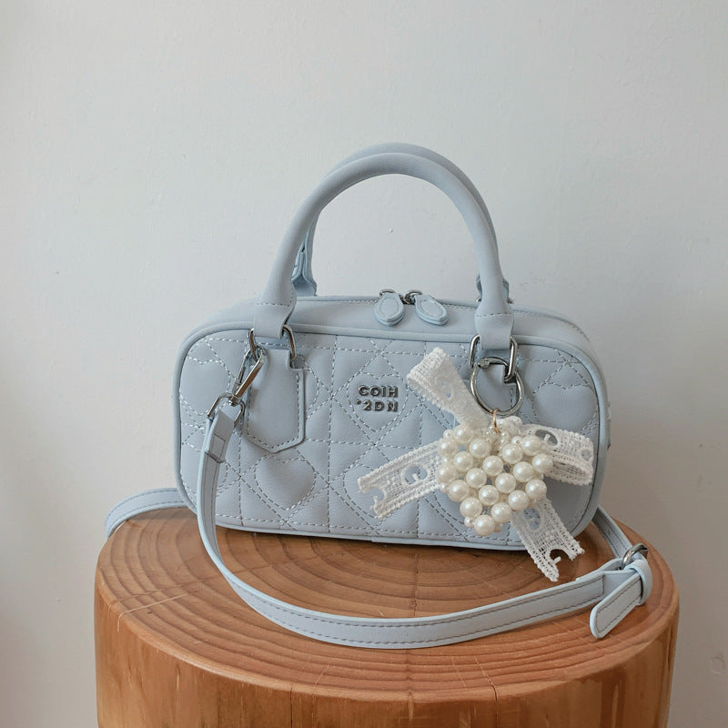Elegant Quilted Crossbody Bag with Pearl Charm for Women, Fashionable Daily Use Handbag with Zipper Closure and Adjustable Strap