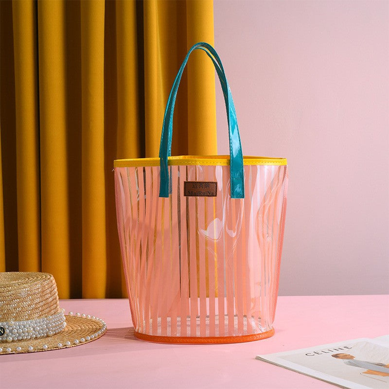 Transparent Foldable Cosmetic Bag with Stripes - Waterproof & Portable Storage for Makeup and Toiletries