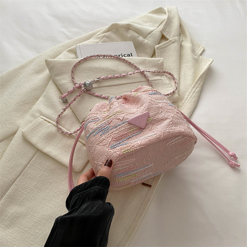 New Chinese Style Rainbow Striped Embroidered Bucket Bag New Summer Rhombus Chain Indentation Shoulder Crossbody Lucky Bag