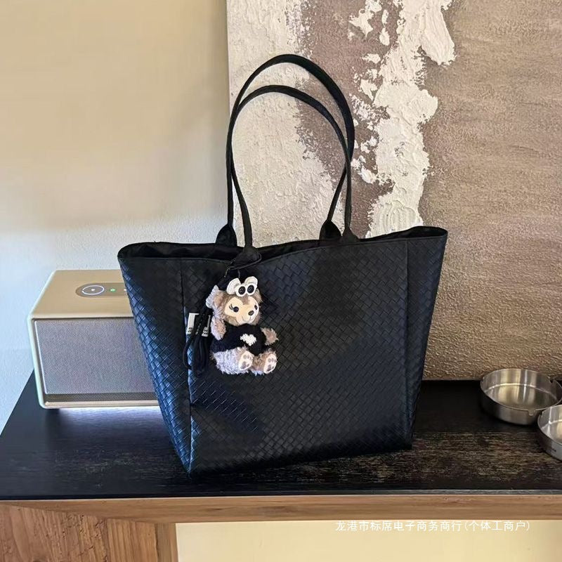 Stylish Weaved Tote Bag for Daily Commute and Casual Outings with Cute Plush Charm