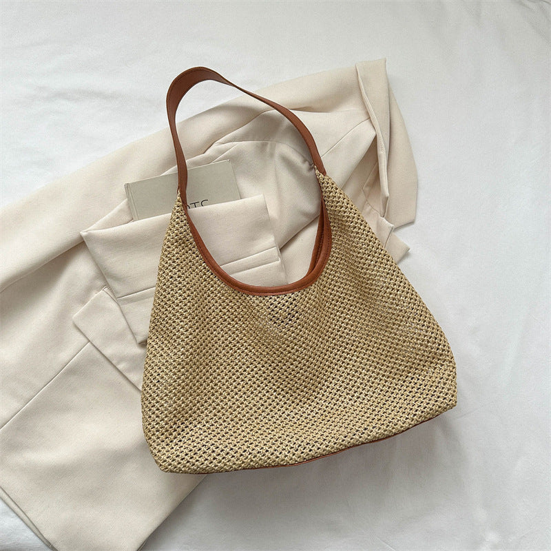 Korean Vintage Weave Tote Bag Women's Straw Large Capacity Underarm Shoulder Beach Bag