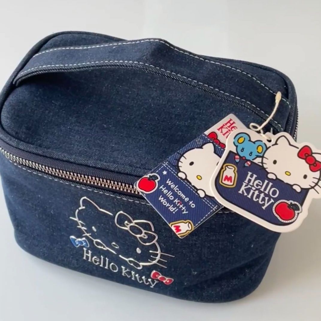 Cute Hello Kitty Denim Cosmetic Bag with Large Capacity and Zipper Closure for Daily Use