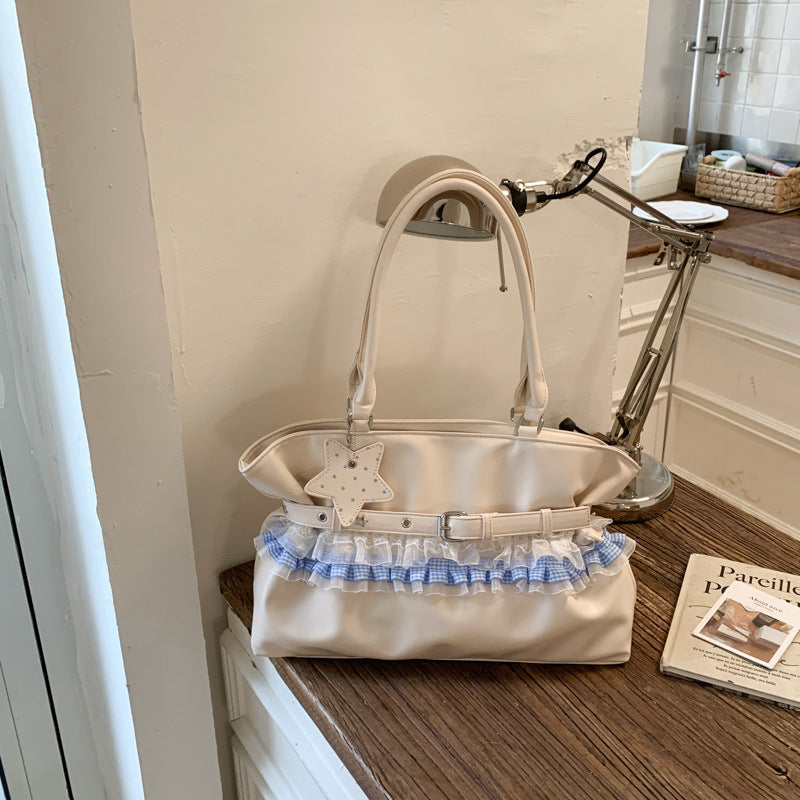 Elegant Ruffle Design Tote Bag with Belt Detail and Star Charm for Daily Use