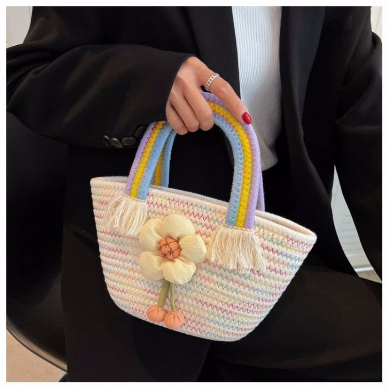 Sunflower Cotton String Woven Bag Straw Bag Baby Birthday Party Portable Cloud Beach Bag Basket