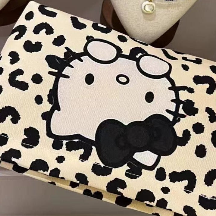 Cute Leopard Print Hello Kitty Women's Cosmetic Bag Zipper Closed Lightweight Portable Daily Storage