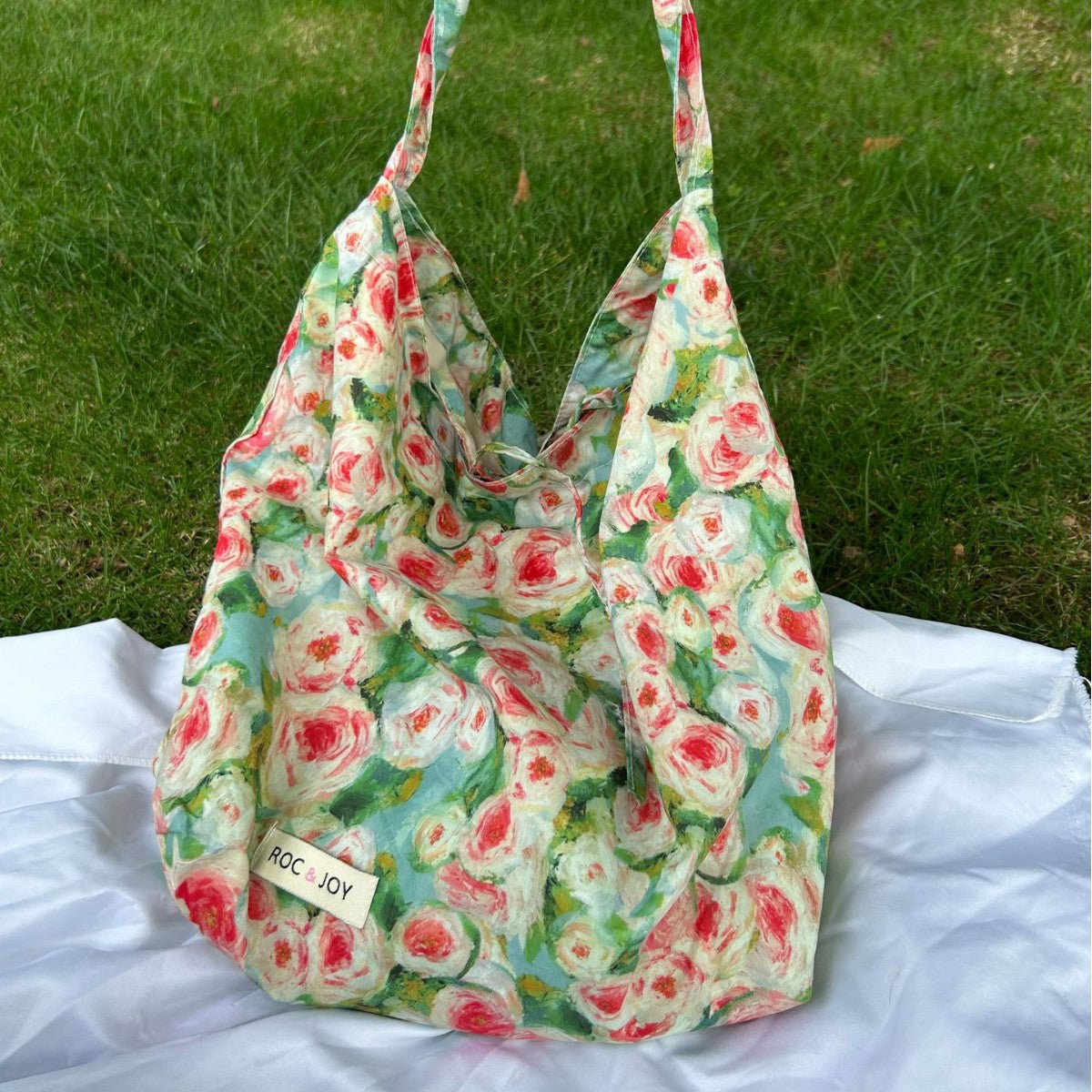 Vintage Oil Painting Floral Cotton Tote Bag, Casual Travel Style with Soft Handle and Inner Pocket