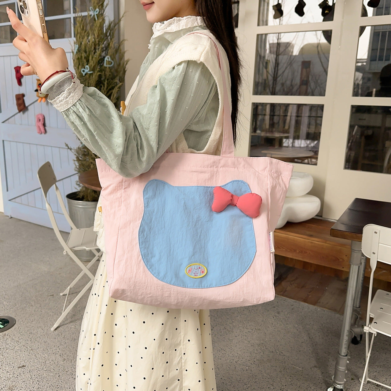 Cute Cat Face Tote Bag with Bowknot Design, Nylon Shoulder Bag for Daily Use and Shopping, Sweet Style