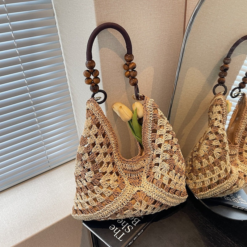 Boho Chic Handwoven Tote Bag with Wooden Bead Handle - Large Capacity Beach & Everyday Style