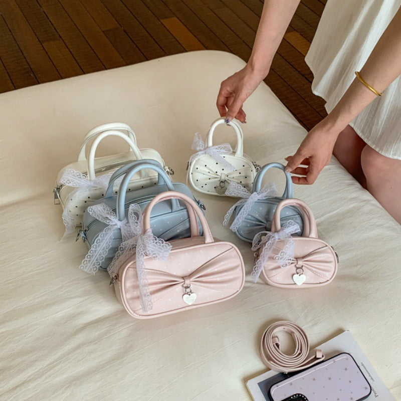 Cute Polka Dot Bowknot Boston Bag for Women, Mini Crossbody Handbag with Lace Detail and Zipper Closure, Perfect for Summer Daily Outfits