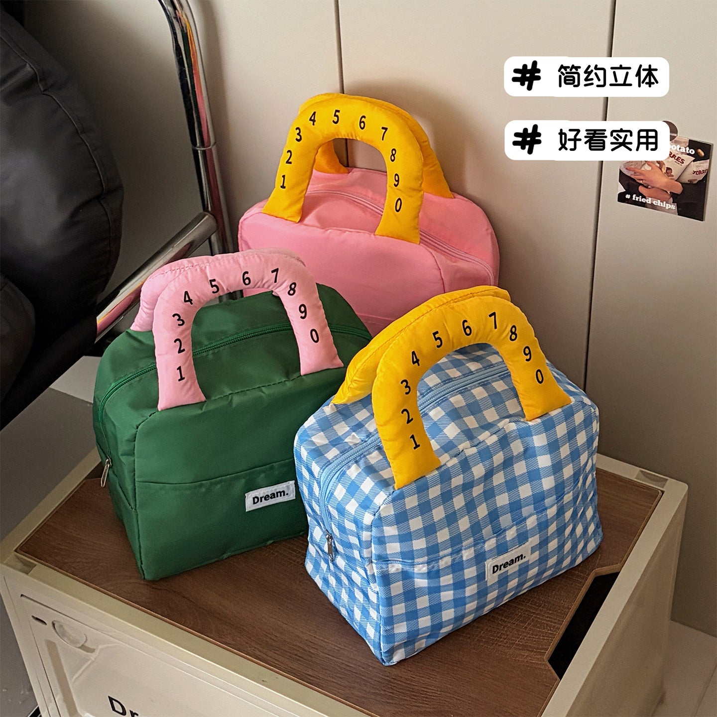 Contrast Color Check Portable Lunch Bag Female Student Large Capacity Insulated Bag Commuter with Meal Lunch Bag