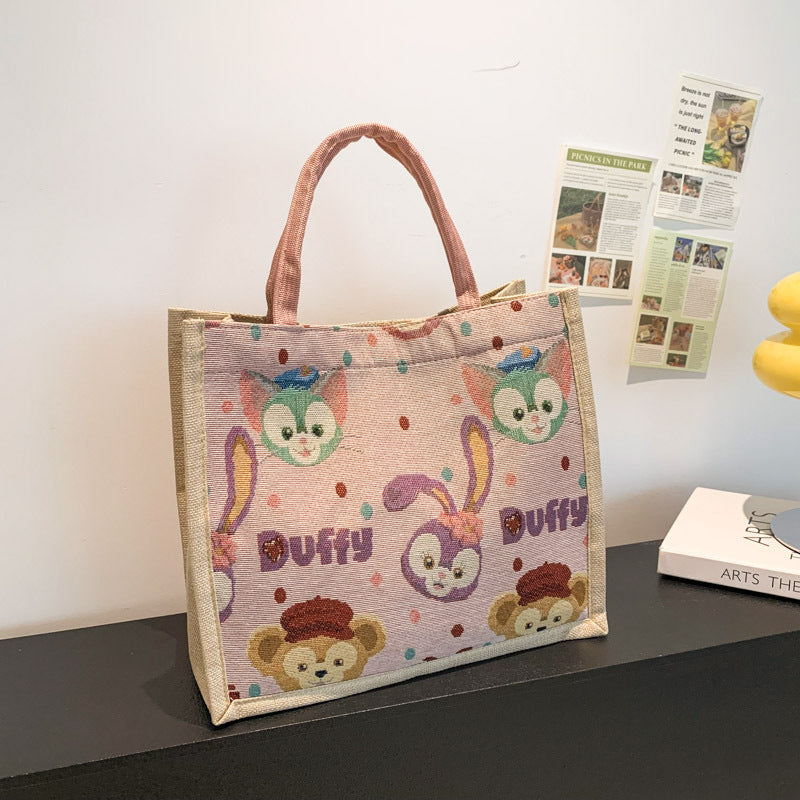 Cute Printed Cotton and Linen Women's Handbag with Duffy Character Pattern Large Capacity Buggy Bag