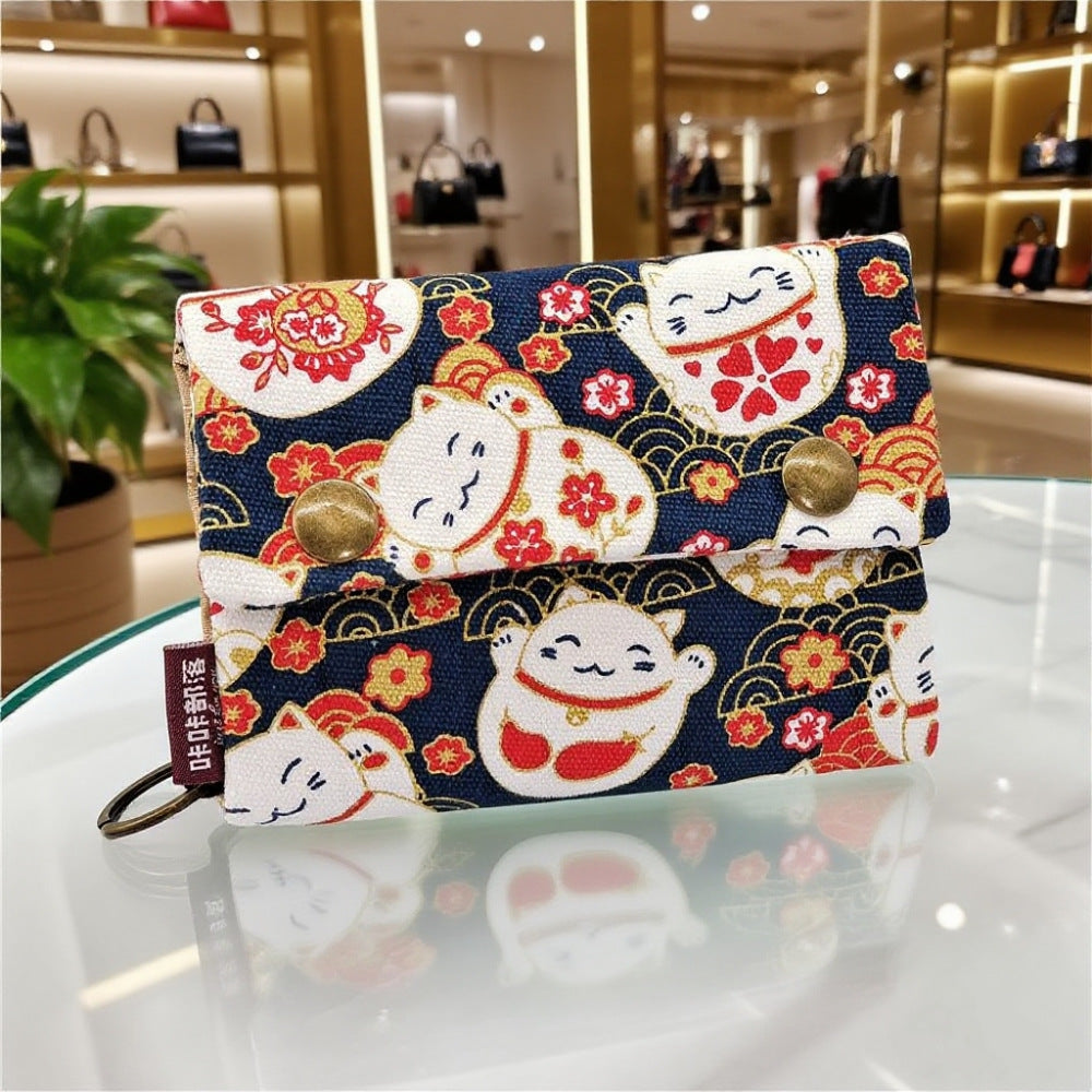 Creative Cartoon Printing Tri-Fold Denim Canvas Wallet Simple Canvas Card Holder Key Case for Both Men and Women
