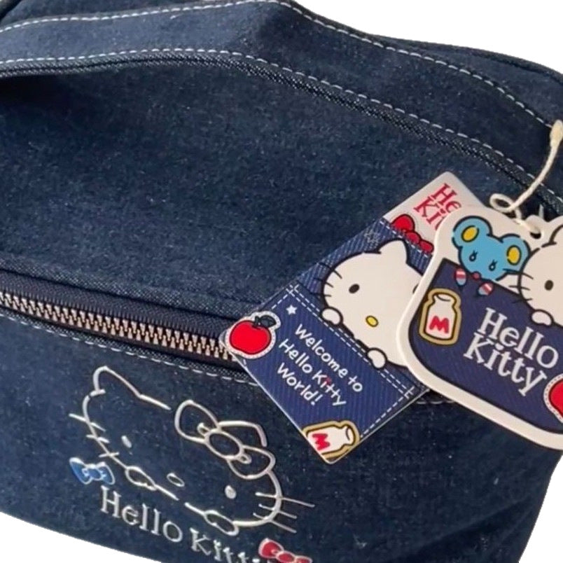 Cute Hello Kitty Denim Cosmetic Bag with Large Capacity and Zipper Closure for Daily Use