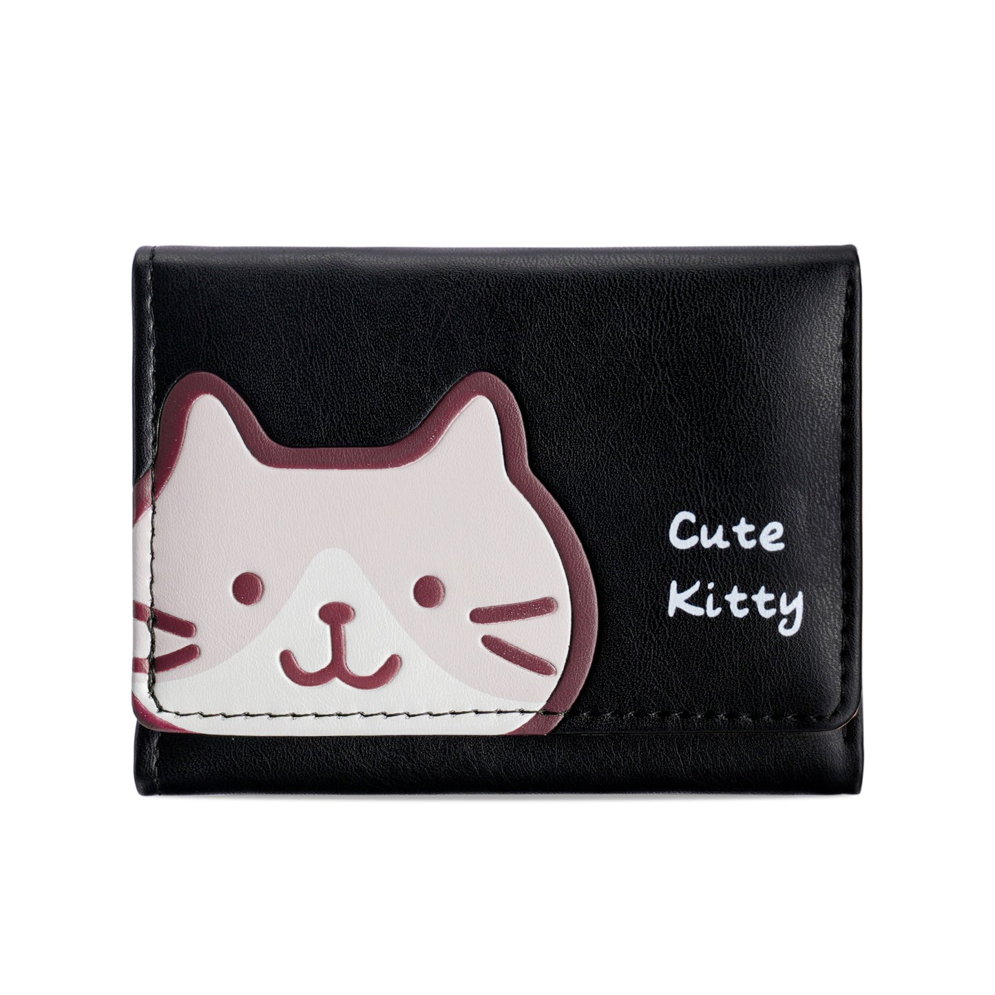 Cute Kitty Print PU Wallet for Women, Fashionable Three-Fold Card Holder with Sweet Cartoon Design