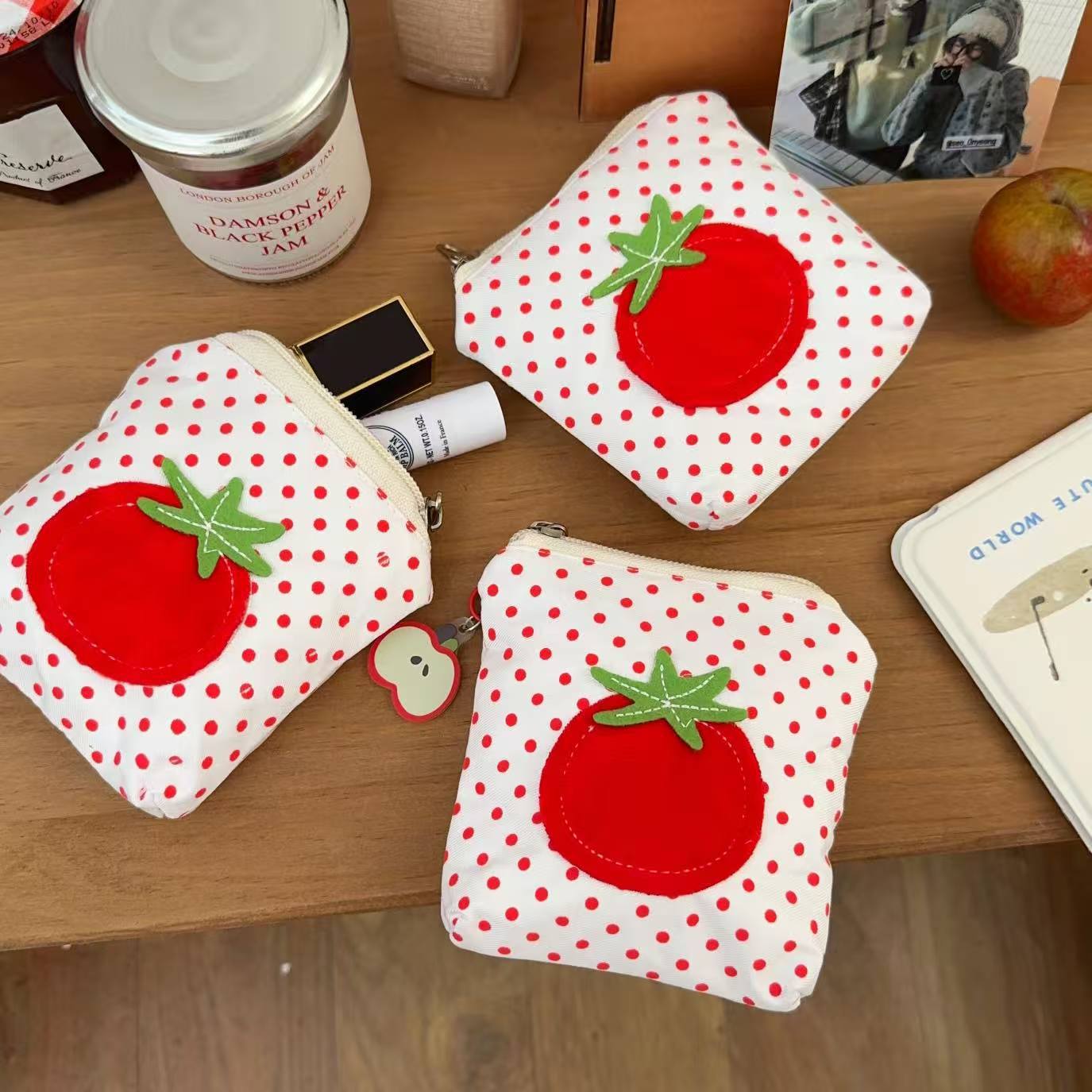 Cute Tomato Polka Dot Mini Pouch for Cosmetics and Earphones, Lightweight and Portable Everyday Accessory