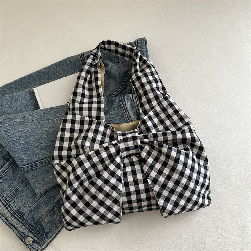 Vest Bag Women's Summer Korean Style Retro Plaid Large Capacity Light Shopping Versatile Canvas Bag Student