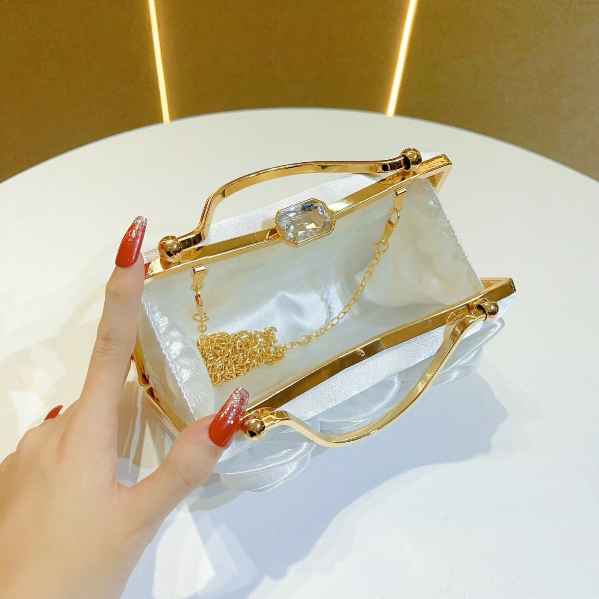 Elegant Floral Satin Clutch Bag with Gold Handle for Party and Evening Events