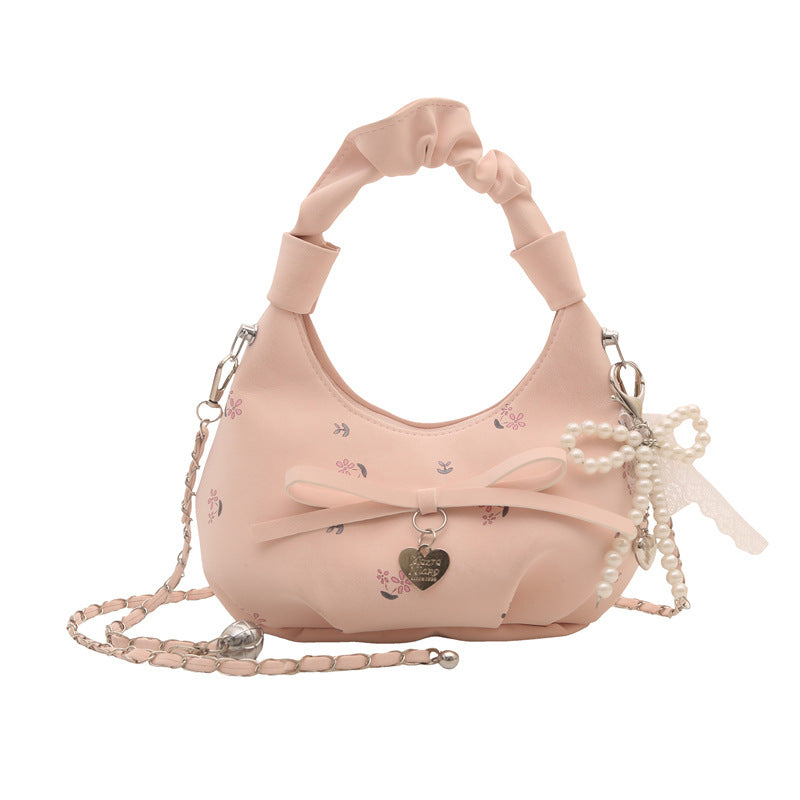 Korean Fashion Pleated Floral Print Crossbody Bag with Pearl Heart Charm for Women