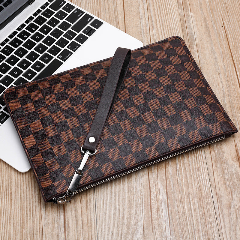 Vintage Checkered Men's Clutch Bag with Large Capacity and Fashionable Design for Daily Use