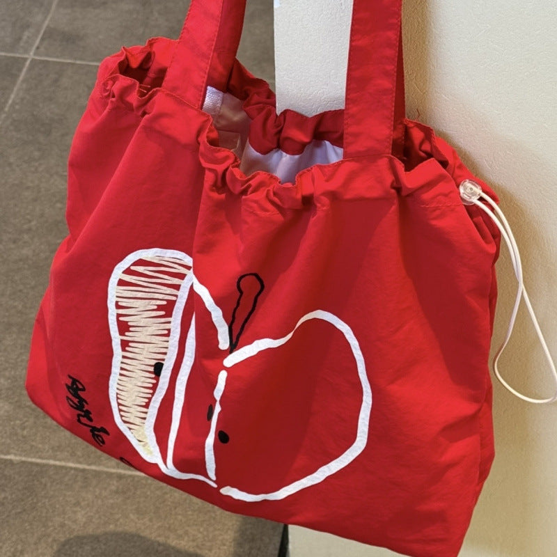 Cute Apple Print Women's Drawstring Tote Bag Lightweight and Large Capacity All-Match Cartoon Fashion Shoulder Bag