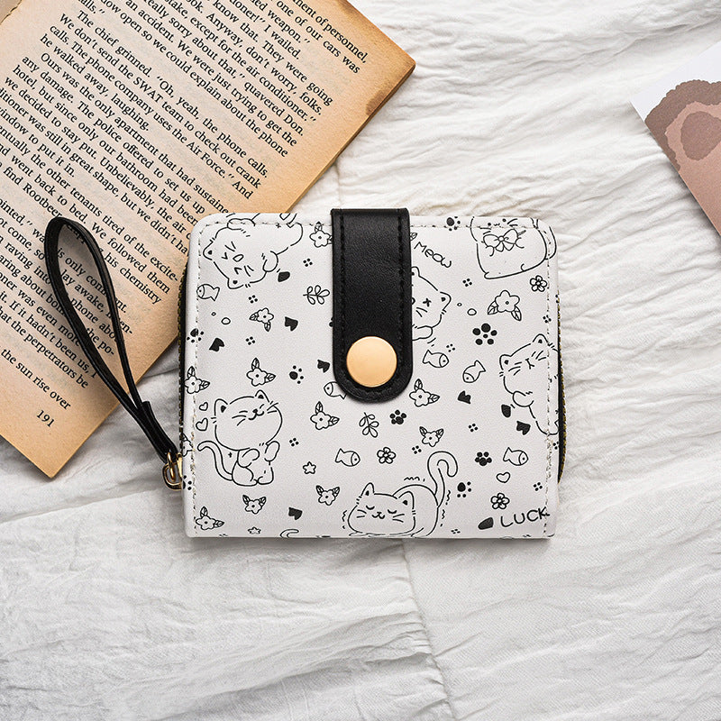 Simple Cute Kitten Japanese Style Women's Buckle Coin Pocket Portable Belt Women's Multi-Functional Short Wallet Wallet Card Holder