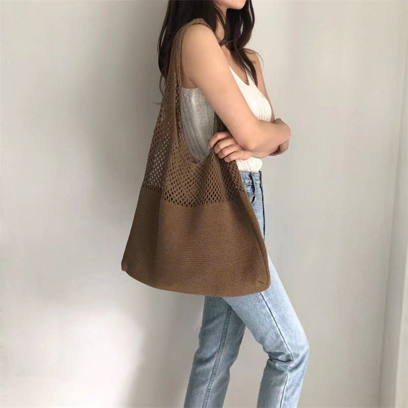 Tote Bag Women's New Korean Knitted Solid Color Shoulder Hollow Large-Capacity Crossbody Bag