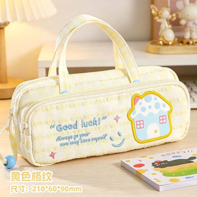 Cute Double-Layer Pattern Lucky Embroidery Pencil Case Large Capacity Portable Portable Ins Style Dopamine Good-looking Stationery