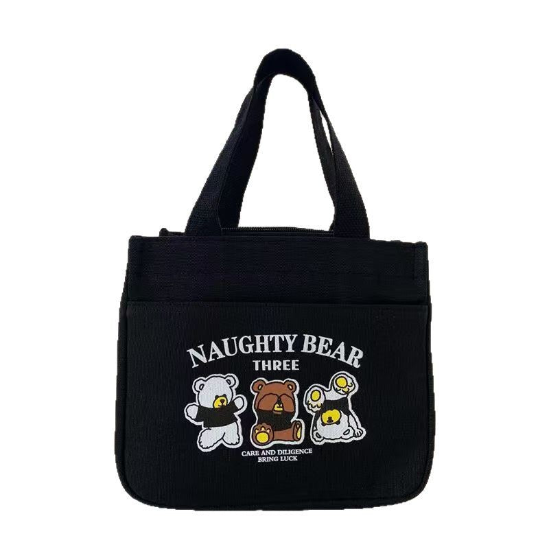 Naughty Bear Three Cute Cartoon Print Canvas Lunch Bag with Zipper Closure and Multiple Inner Pockets for Daily Use