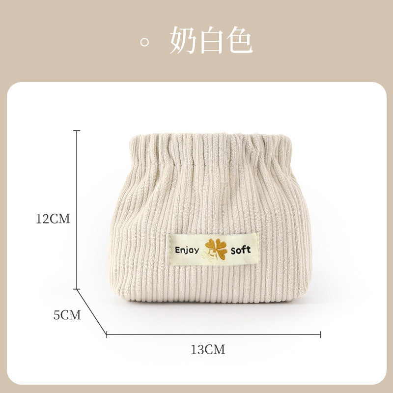 Portable Ribbed Cotton Cosmetic Bag with Elastic Opening for Travel and Daily Use
