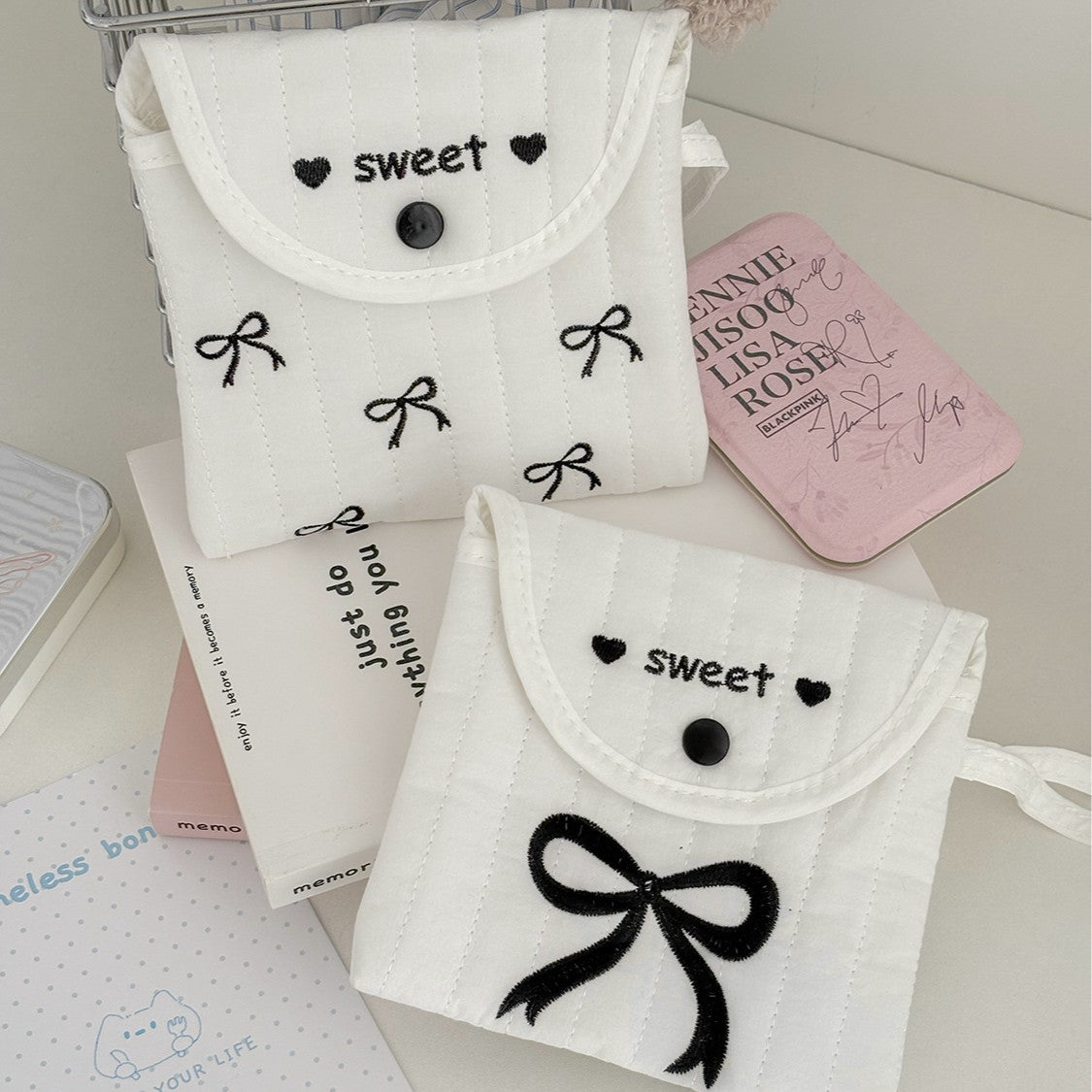 Sweet Embroidered Bow Pouch for Menstrual Products and Daily Essentials, Cute and Portable Design with Stitched Details