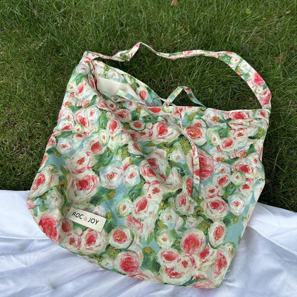 Vintage Oil Painting Floral Cotton Tote Bag, Casual Travel Style with Soft Handle and Inner Pocket