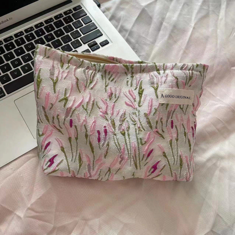 Original Embroidery Women's Canvas Cosmetic Bag Artistic Retro Flowers Print Exquisite Quilting Design Portable Clutch