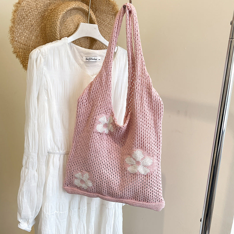 One Shoulder Bag Women's Japanese and Korean Retro Cotton Braided Knitted Handbag Flower Beach Vacation